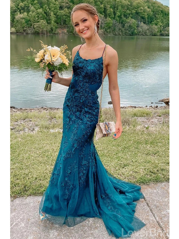 Blue Mermaid Spaghetti Straps Backless Cheap Long Prom Dresses,12659