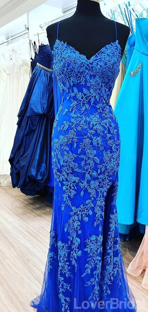 Blue Mermaid Spaghetti Straps Cheap Long Prom Dresses,Evening Party Dresses,12681