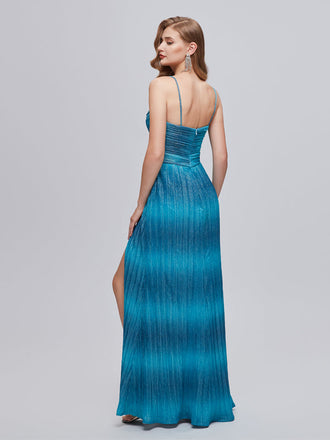 Blue Mermaid Spaghetti Straps Side Slit V-neck Cheap Prom Dresses,12796