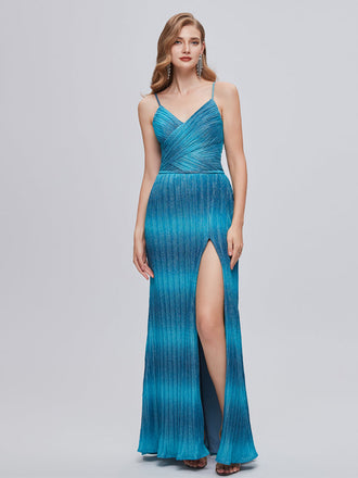 Blue Mermaid Spaghetti Straps Side Slit V-neck Cheap Prom Dresses,12796