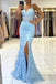 Blue Mermaid Spaghetti Straps V-neck High Slit Cheap Long Prom Dresses,12672