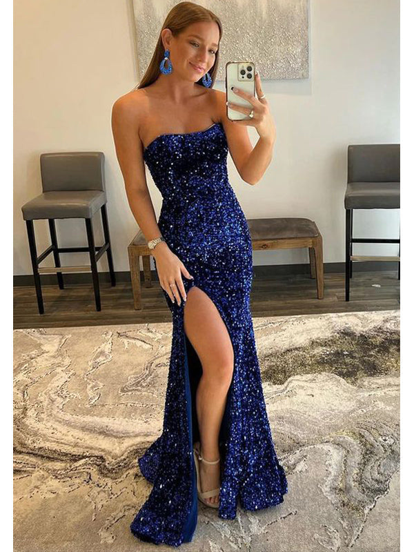 Blue Mermaid Sweetheart High Slit Cheap Long Prom Dresses Online,12765