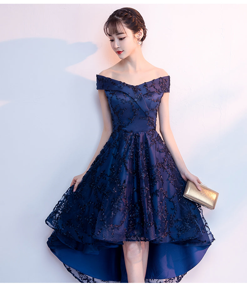 Blue Off Shoulder High Low Homecoming Dresses,Cheap Short Prom Dresses,CM933