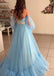 Blue Off The Shoulder Long Sleeves A-line Long Evening Party Prom Dresses, Prom Dresses Stores,12335