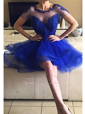 Blue Short Sleeves Jewel Homecoming Dresses,Cheap Short Prom Dresses,CM921