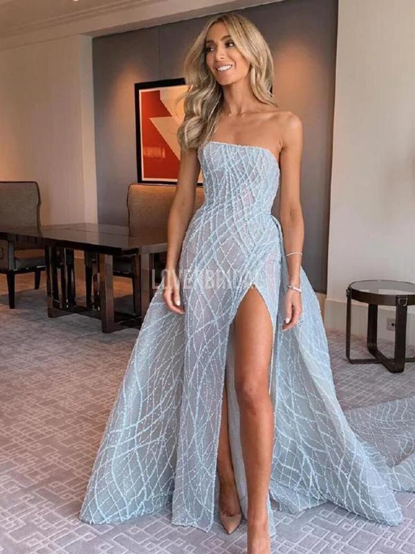 Blue Strapless Side Slit Sexy Blue Long Evening Prom Dresses, Evening Party Prom Dresses, 12245