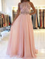 Blush Pink Halter Beaded Chiffon Long Evening Prom Dresses, Cheap Sweet 16 Dresses, 18349