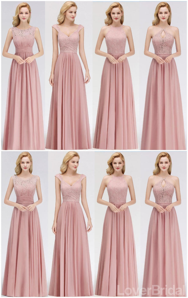 Blush Pink Lace Floor Length Mismatched Chiffon Bridesmaid Dresses Online, WG542