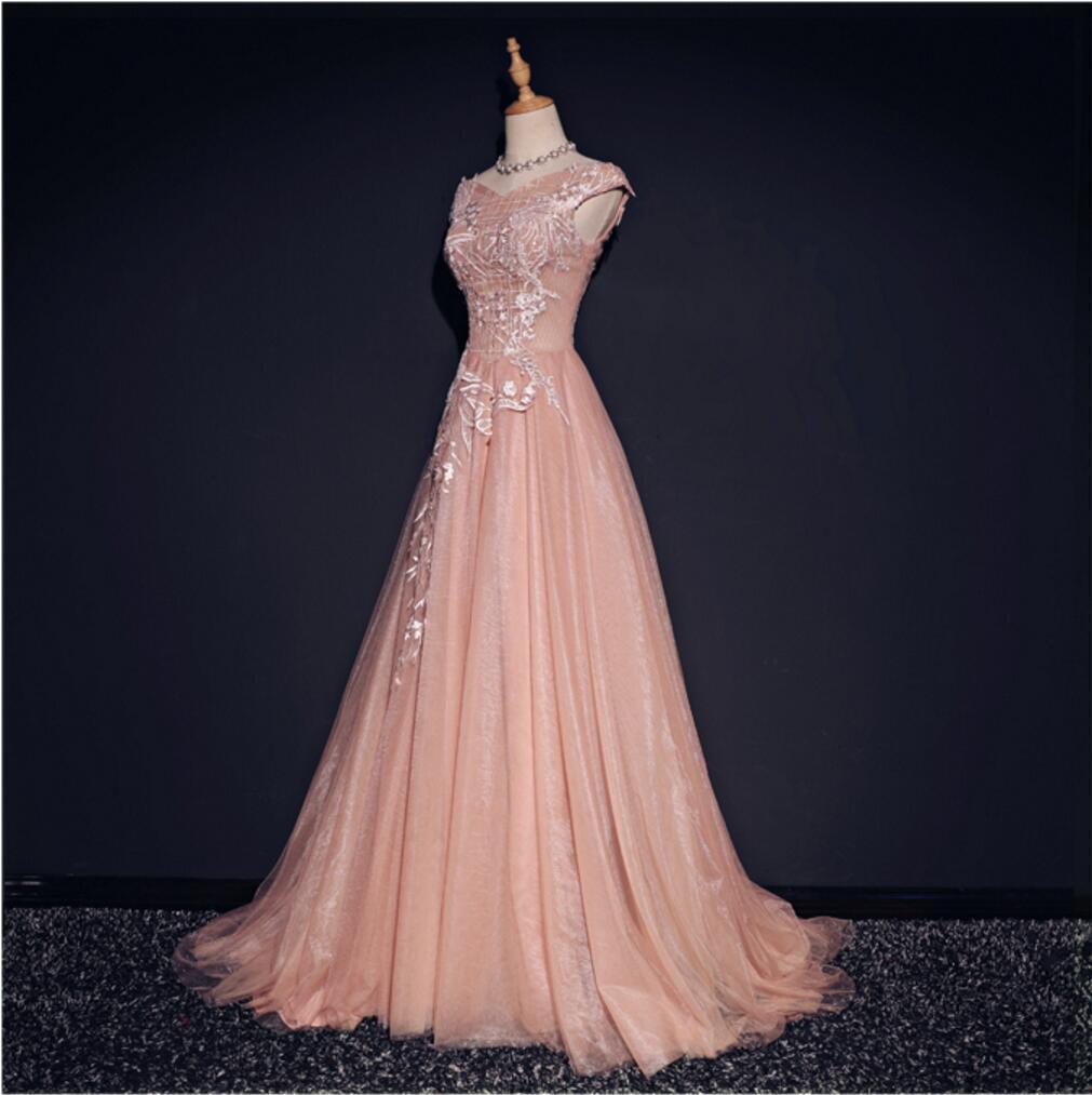 Blush Pink Off Shoulder V Neckline Lace Long Evening Prom Dresses, Popular Party Prom Dresses, Custom Long Prom Dresses, Cheap Formal Prom Dresses, 17213
