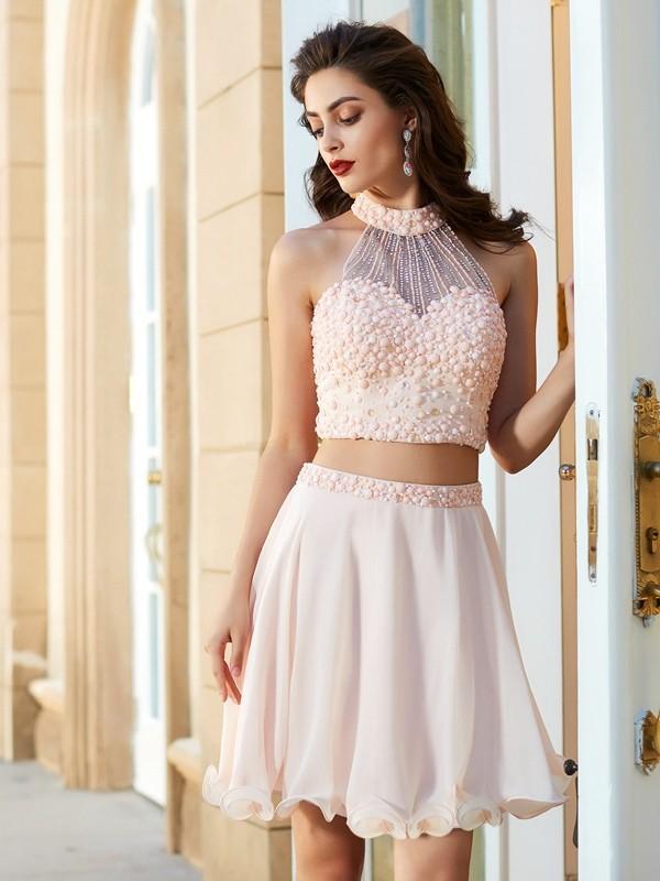 Blush Pink Two Pieces Halter Beaded Cheap Homecoming Dresses Online, CM719