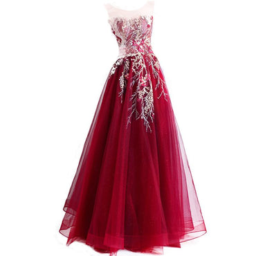Burgundy A-line Jewel Sleeveless Long Prom Dresses Online, Evening Dresses,12458
