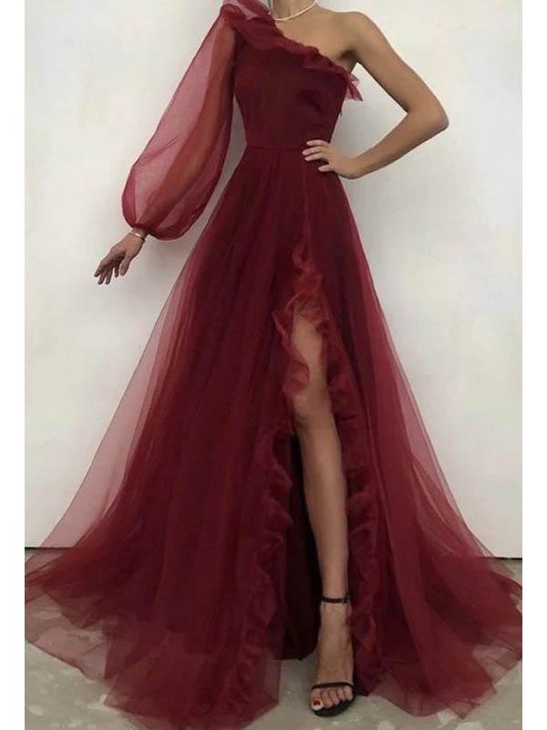 Burgundy A-line One Shoulder High Slit Long Sleeves Prom Dresses Online,12510