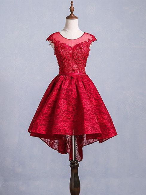 Burgundy Lace Open Back Cap Sleeves Short Homecoming Dresses Online, CM633