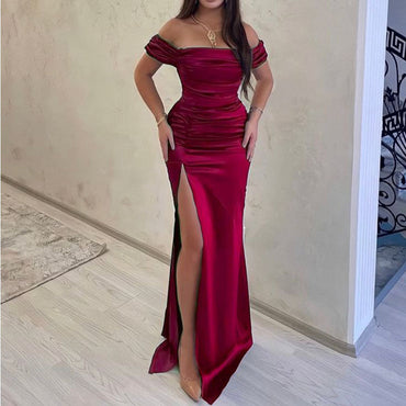 Burgundy Mermaid Off Shoulder Side Slit Cheap Long Bridesmaid Dresses,WG1380