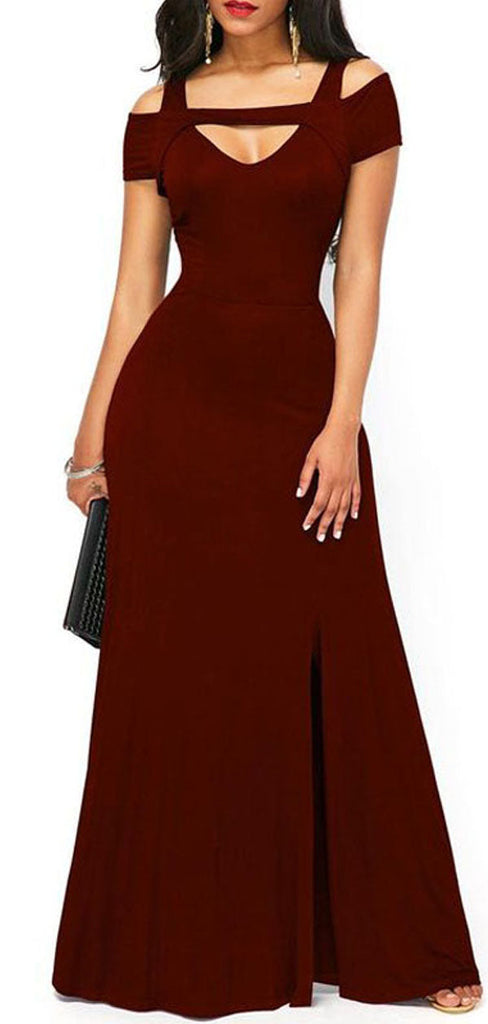 Burgundy Mermaid Off Shoulder Side Slit Long Bridesmaid Dresses,WG1386