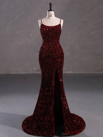 Burgundy Mermaid Spaghetti Straps Backless Cheap Prom Dresses,12863