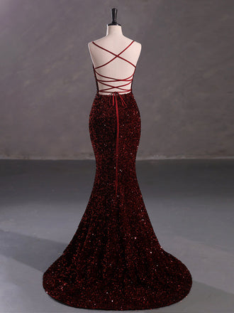 Burgundy Mermaid Spaghetti Straps Backless Cheap Prom Dresses,12863