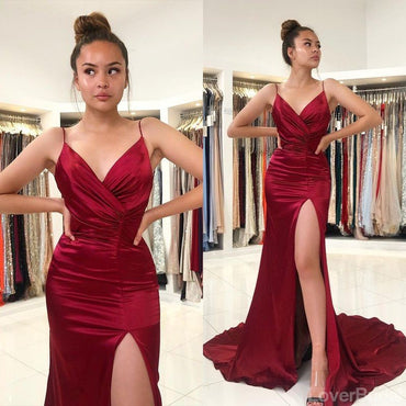 Burgundy Mermaid Spaghetti Straps High Slit Cheap Long Prom Dresses,12650