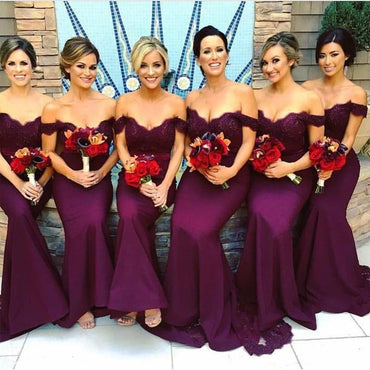 Burgundy Off Shoulder Lace Mermaid Cheap Long Bridesmaid Dresses Online, WG310