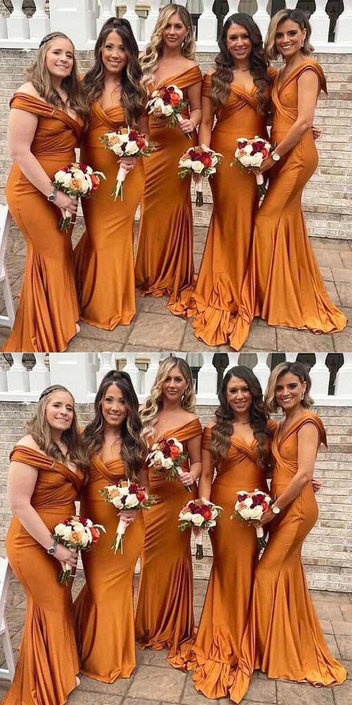 Burnt Orange Mermaid Off Shoulder Inexpensive Long Bridesmaid Dresses,WG1267