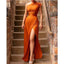 Burnt Orange Mermaid One Shoulder High Slit Cheap Long Bridesmaid Dresses,WG1177