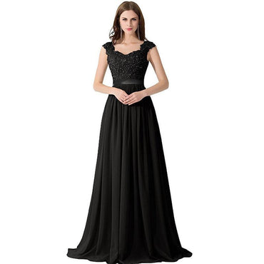 Cap Sleeve Lace Beaded See Through Black Chiffon Long Bridesmaid Dresses Online, WG286