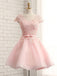 Cap Sleeve Pink Lace Beaded Tulle Short Homecoming Prom Dresses, Affordable Short Party Prom Sweet 16 Dresses, Perfect Homecoming Cocktail Dresses, CM368