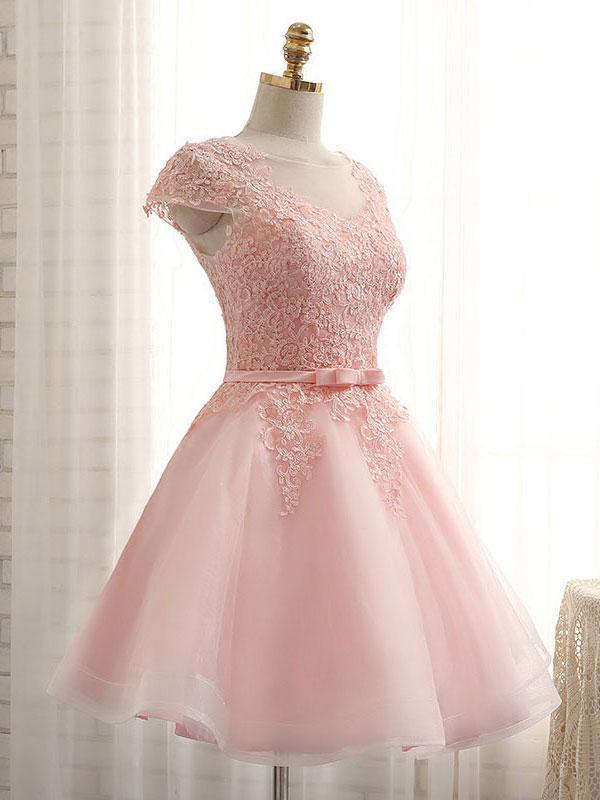 Cap Sleeve Pink Lace Beaded Tulle Short Homecoming Prom Dresses, Affordable Short Party Prom Sweet 16 Dresses, Perfect Homecoming Cocktail Dresses, CM368