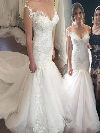 Cap Sleeves Lace Beaded Mermaid Cheap Wedding Dresses Online, WD414