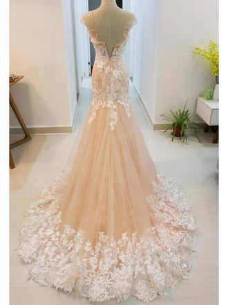 Cap Sleeves Lace Mermaid Wedding Dresses Online, Cheap Bridal Dresses, WD644