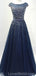 Cap Sleeves Navy Tulle Beaded Long Evening Prom Dresses, Cheap Custom Party Prom Dresses, 18586