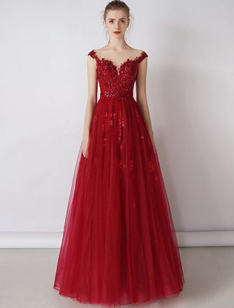 Cap Sleeves Red Beaded Sequin A-line Long Evening Prom Dresses, Evening Party Prom Dresses, 12326