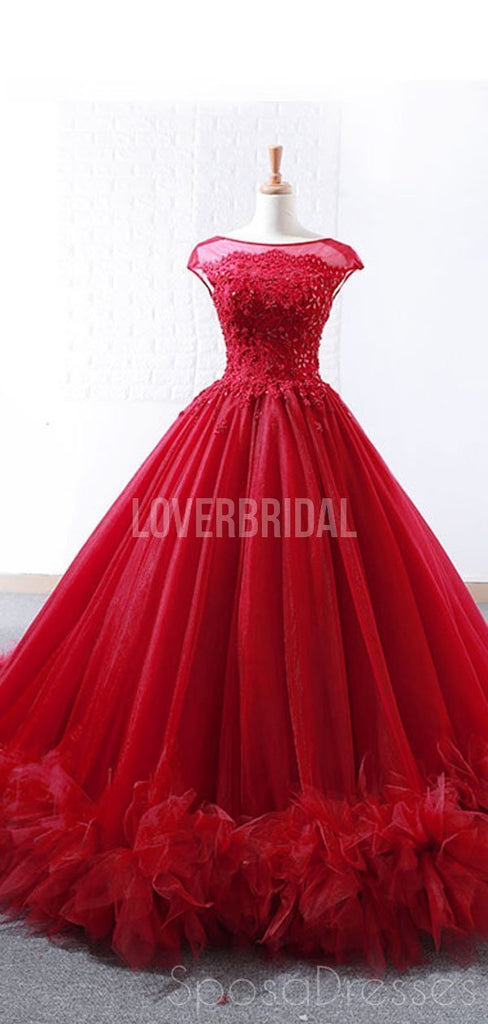 Cap Sleeves Ruffles Red Ball Gown Evening Prom Dresses, Evening Party Prom Dresses, 12265