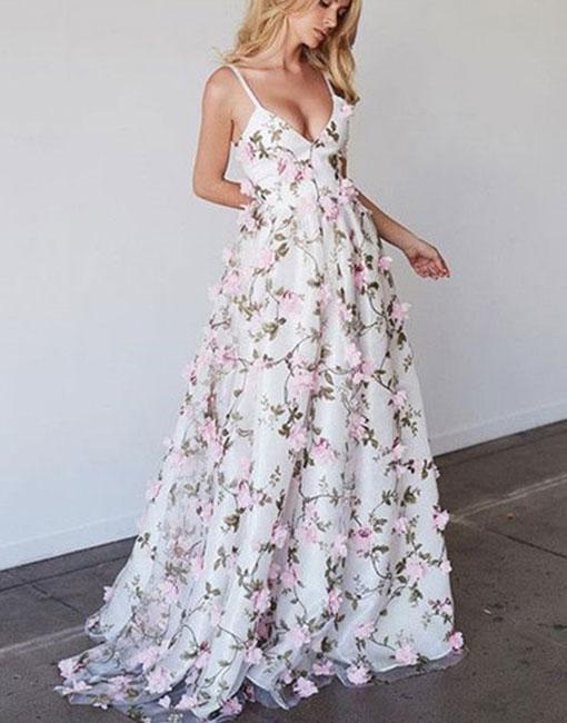 Casual A line Handmade Flower Printed Long Evening Prom Dresses, Popular Cheap Long 2022 Party Prom Dresses, 17252
