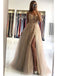 Champagne A-line Spaghetti Straps High Slit Cheap Long Prom Dresses Online,12684