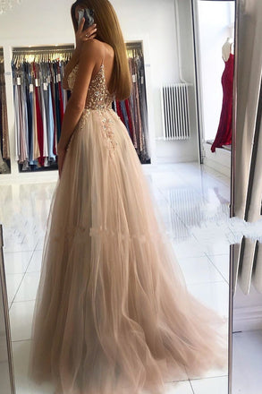 Champagne A-line Spaghetti Straps High Slit Cheap Long Prom Dresses Online,12684