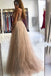 Champagne A-line Spaghetti Straps High Slit Cheap Long Prom Dresses Online,12684