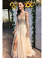 Champagne A-line V-neck High Slit Long Prom Dresses Online, Dance Dresses,12470