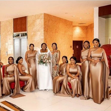 Champagne Mermaid One Shoulder Cheap Long Bridesmaid Dresses,WG1297