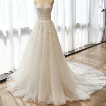Charming Sweetheart Long A-line Appliques White Tulle Wedding Dresses, WD0153