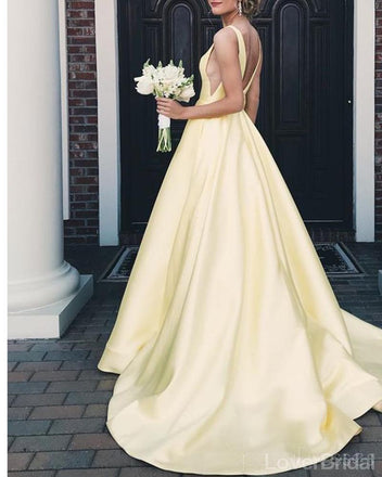 Cheap Yellow V-Neck A-line Long Evening Prom Dresses, Cheap Party Custom  Prom Dresses, 18616