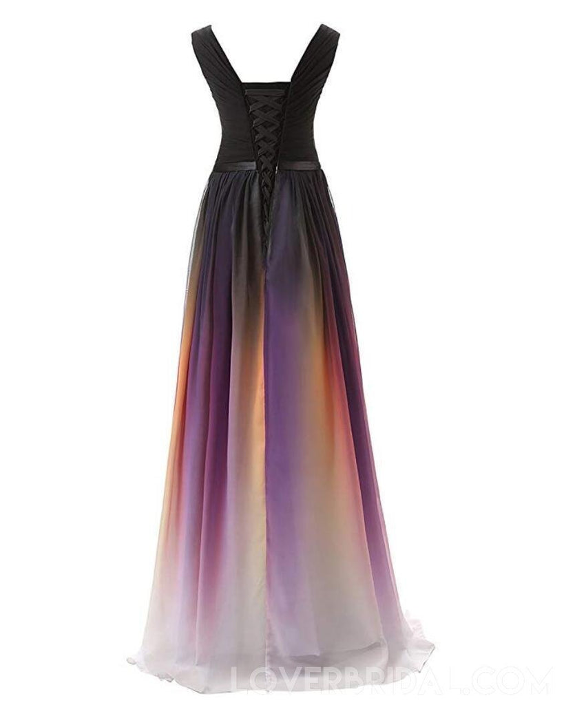 Chiffon Ombre V Neck Long Evening Prom Dresses, Custom Cheap Sweet 16 Dresses, 18391