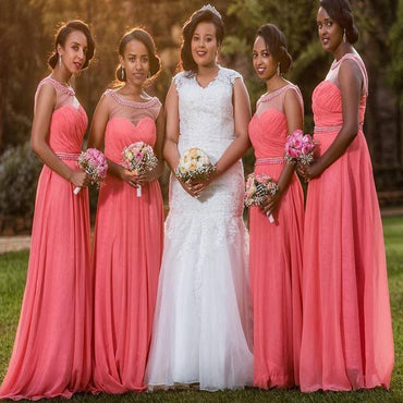Coral Illusion Cap Sleeve Chiffon Custom Cheap Long Bridesmaid Dresses, WG242