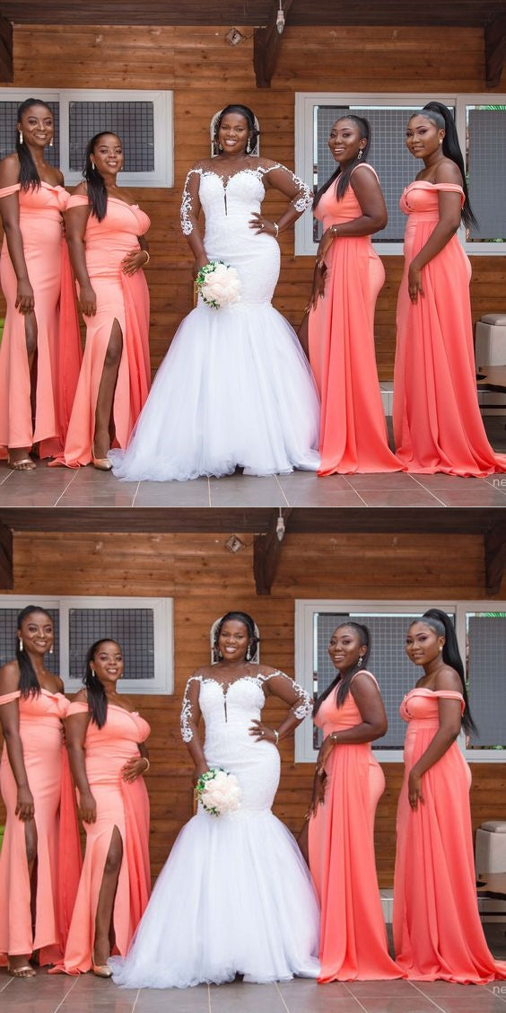 Coral Mermaid Off Shoulder Cheap Long Bridesmaid Dresses,WG1326 LoverBridal Coral Mermaid Off Shoulder Cheap Long Bridesmaid Dresses,WG1326 LoverBridal