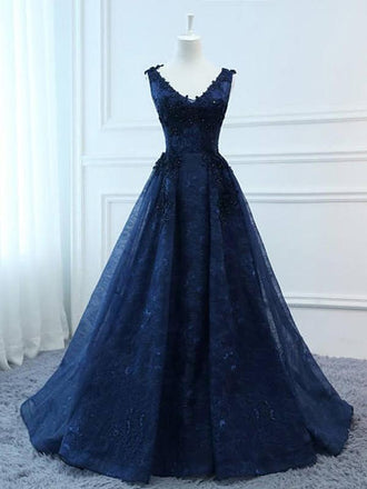Corset Navy V Neck A-line Lace Custom Long Evening Prom Dresses, 17716