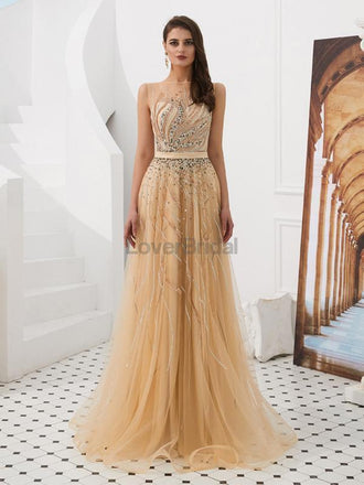 Cowl See Through Gold Beaded A-line Evening Prom Dresses, Evening Party Prom Dresses, 12093