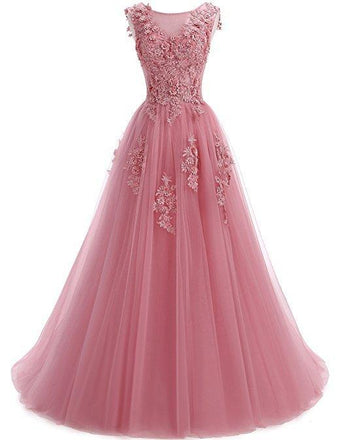 Custom 2022 Formal Pink Lace A-line Long Evening Prom Dresses, 17669