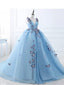 Cute Blue A-line V-neck Cheap Long Prom Dresses, Dance Dresses,12723