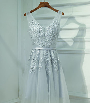 Cute Gray Lace v Neckline Short Homecoming Prom Dresses, Affordable Corset Back Short Party Prom Dresses, Perfect Homecoming Dresses, CM247