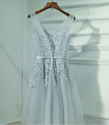 Cute Gray Lace v Neckline Short Homecoming Prom Dresses, Affordable Corset Back Short Party Prom Dresses, Perfect Homecoming Dresses, CM247